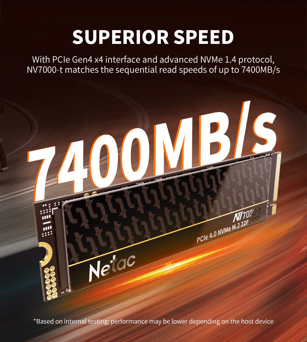 Netac NV7000-t PCIe 4 x4 M.2 2280 NVMe 3D NAND SSD 4TB, R/W up to 7300/6700MB/s, with heat spreader