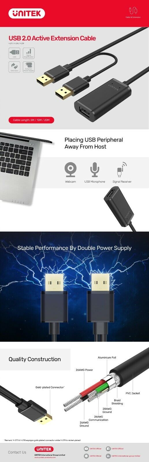 UNITEK USB 2.0 Active Extension Cable over 10M Y-278