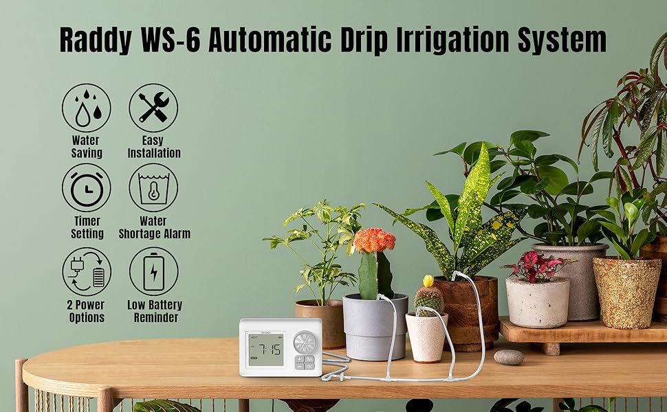 Raddy WS-6 Automatic Plant Waterer, Indoor Plant Watering System for 15 Potted Plants, Programmable Water Timer with LCD Display, USB Power, Water Sho