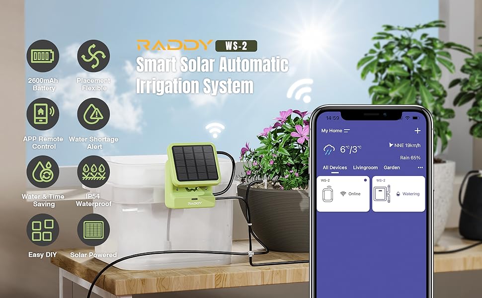 Raddy WS-2 Wi-Fi Automatic Watering System, Solar Drip Irrigation System, APP Control with Flexible Mini Hub, Water Shortage Alert, 2600mAh