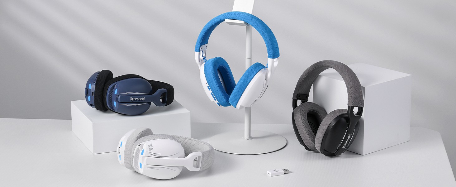 Redragon H878 3-Mode Wireless Blue Lighting Gaming Headset - Lightweight - 7.1 Surround Sound 40MM Drivers - Detachable Microphone, Black&Gray