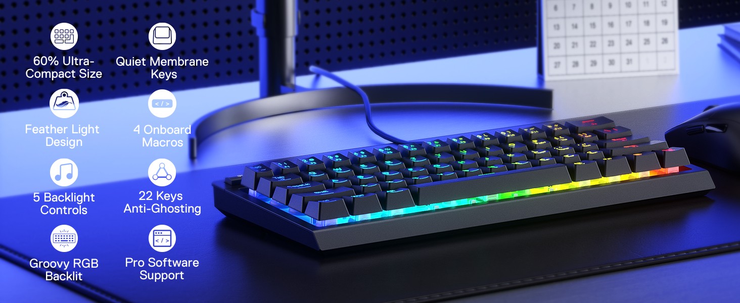 Redragon K522 60% Wired RGB Membrane Gaming Keyboard , Compact 61 Keys Linear Mechanical-Feel Switch Keyboard 4 Extra On-Board Macro Keys,Black