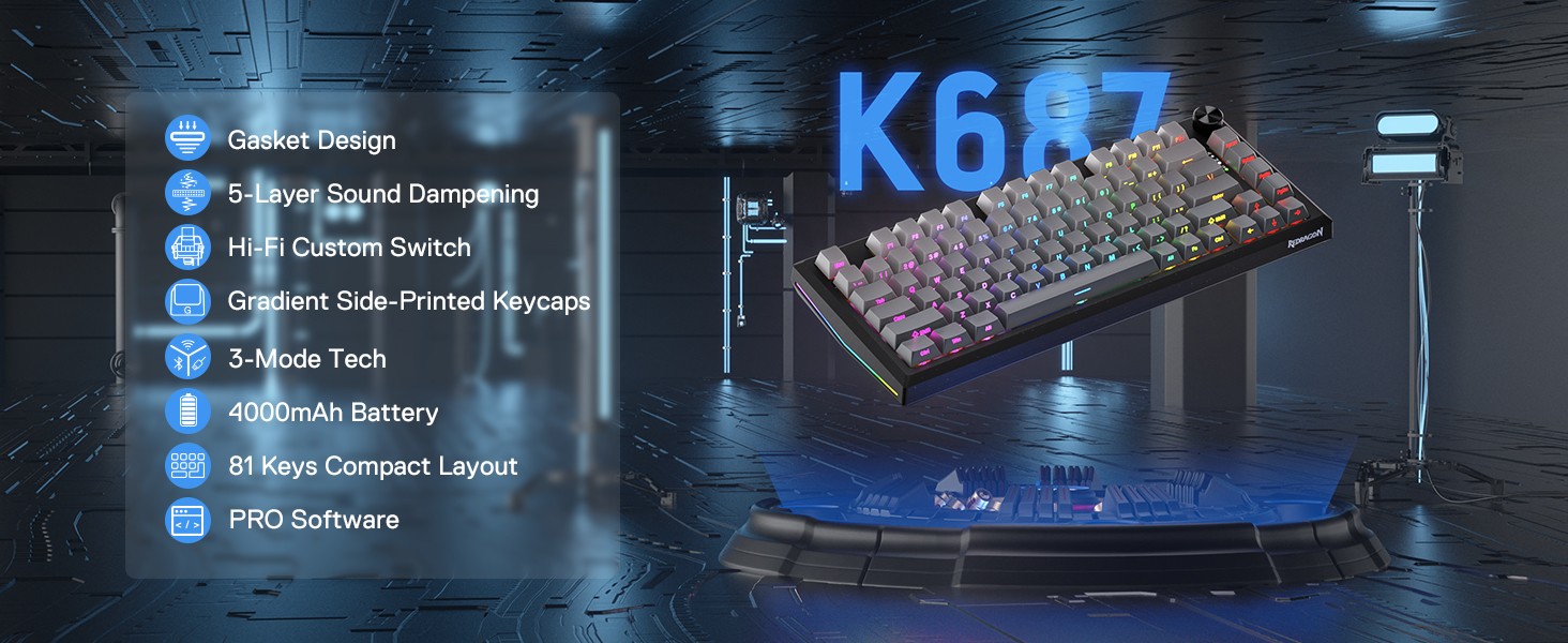 Redragon K687 PRO Wireless CNC Gasket Gaming Keyboard 81 Keys Mechanical Keyboard Premium CNC Aluminum Board, Easy-Control Knob, 5-Layer Noise Dampeni