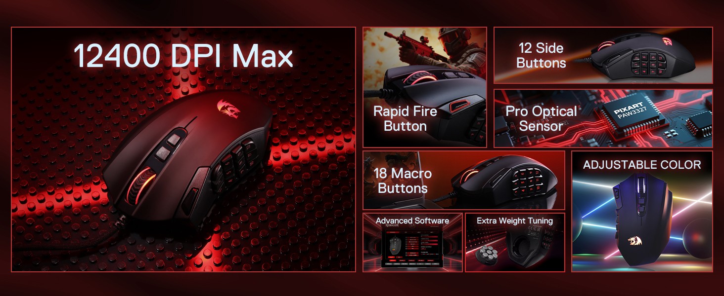 Redragon M921 MMO Gaming Mouse,12400 DPI High Precision Wired RGB Mice,18 Programmable Buttons, 12 Side Macro Keys, Software Supports