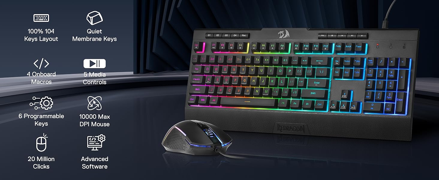 Redragon S151 Gaming Keyboard & Mouse Combo, 104 Keys K525 Wired RGB Membrane Keyboard and 10000 DPI Wired M616 Gaming Mouse Bundle,Black