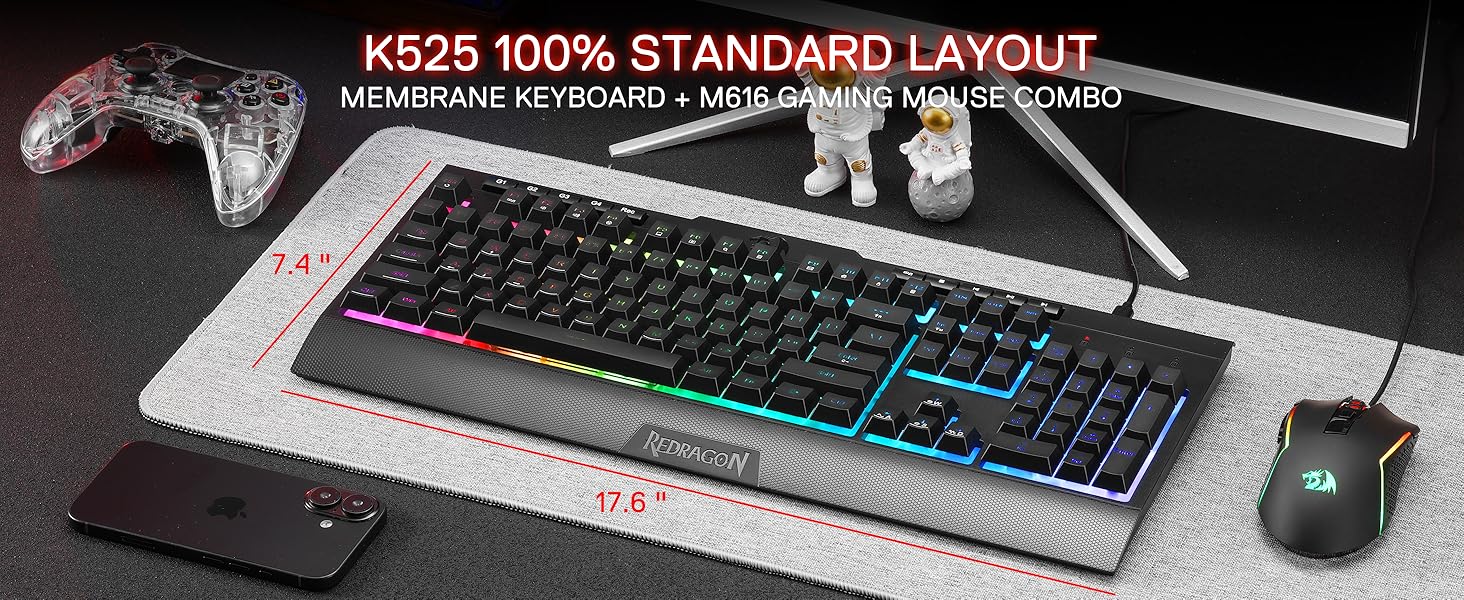 Redragon S151 Gaming Keyboard & Mouse Combo, 104 Keys K525 Wired RGB Membrane Keyboard and 10000 DPI Wired M616 Gaming Mouse Bundle,Black