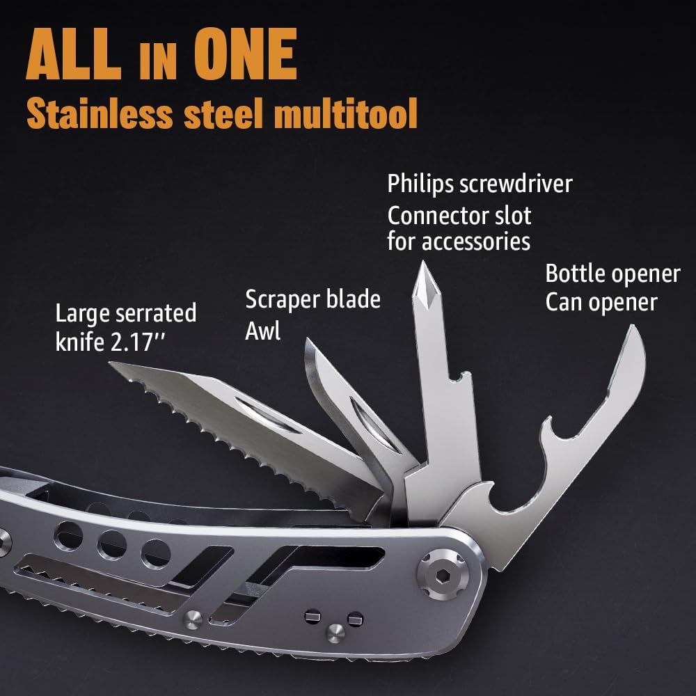 24-in-1 Multitool with Knife, Pliers & 11 Bits Sharp Stainless Steel - Multi Tool for Men - Ideal Gear with Tools for Camping Hiking, Survival, EDC - 