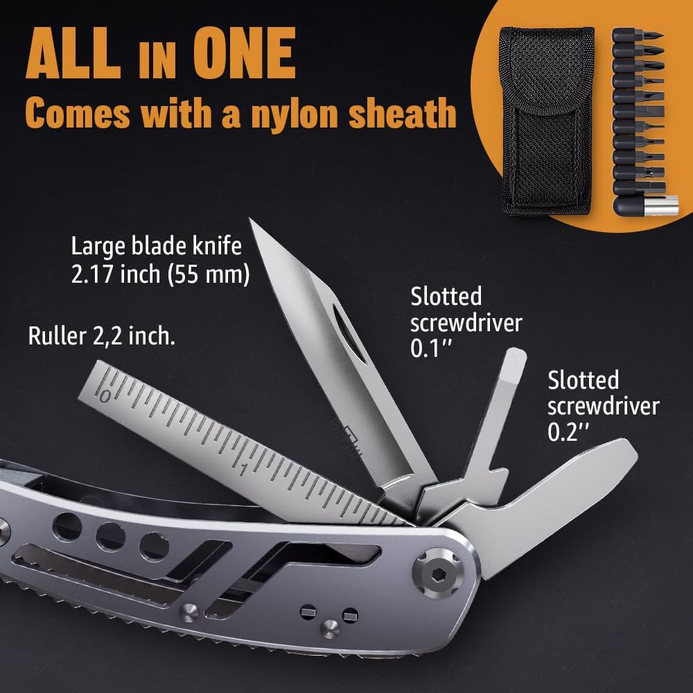 24-in-1 Multitool with Knife, Pliers & 11 Bits Sharp Stainless Steel - Multi Tool for Men - Ideal Gear with Tools for Camping Hiking, Survival, EDC - 