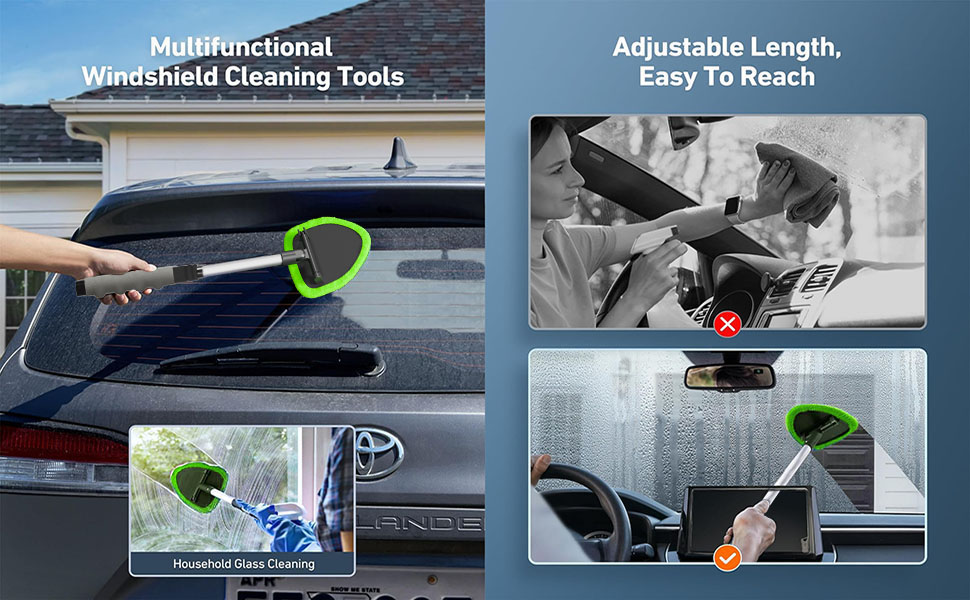 Windshield Cleaner Tool – Car Interior Window Cleaning Kit with Extendable Handle & 4 Microfiber Pads, Auto Wiper Inside Windshield Brush for Car & Ho