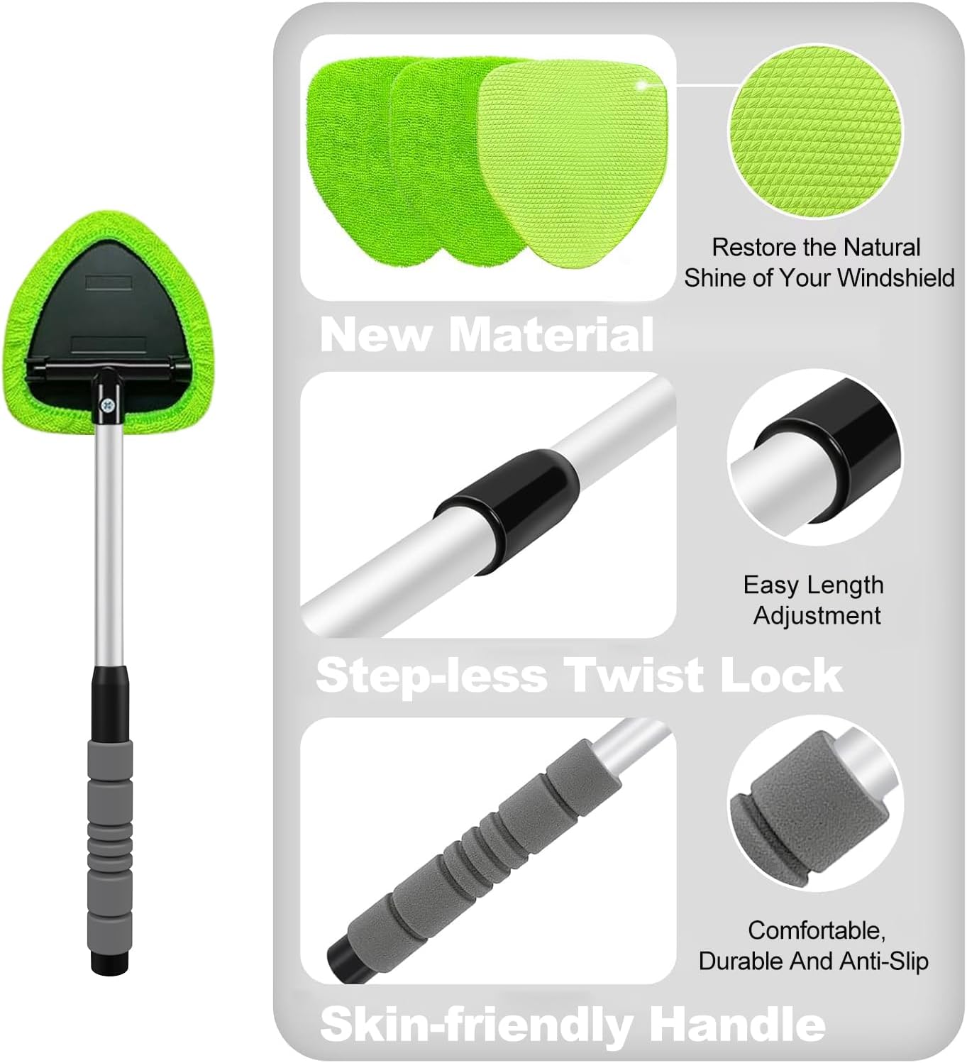 Windshield Cleaner Tool – Car Interior Window Cleaning Kit with Extendable Handle & 4 Microfiber Pads, Auto Wiper Inside Windshield Brush for Car & Ho