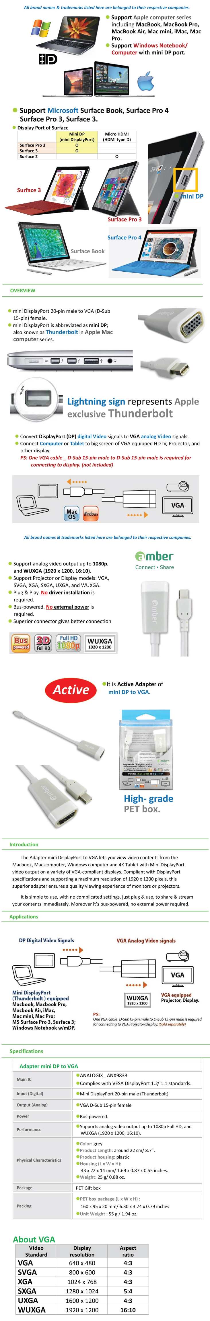 Amber MDP-12 Mini Display port to VGA Adaptor (MDP12)