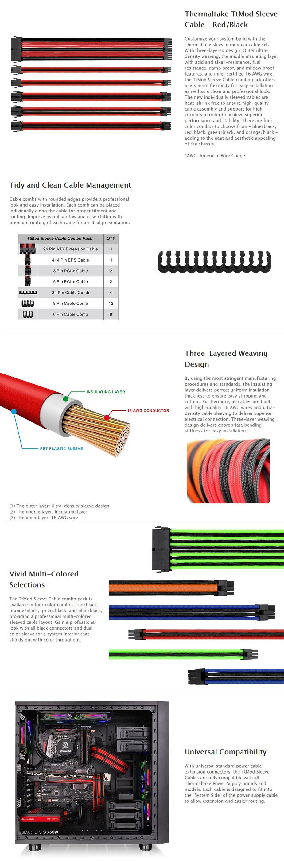 Thermaltake TTMod Sleeved Extension Cable Kit - Red and Black (AC-033-CN1NAN-A1)