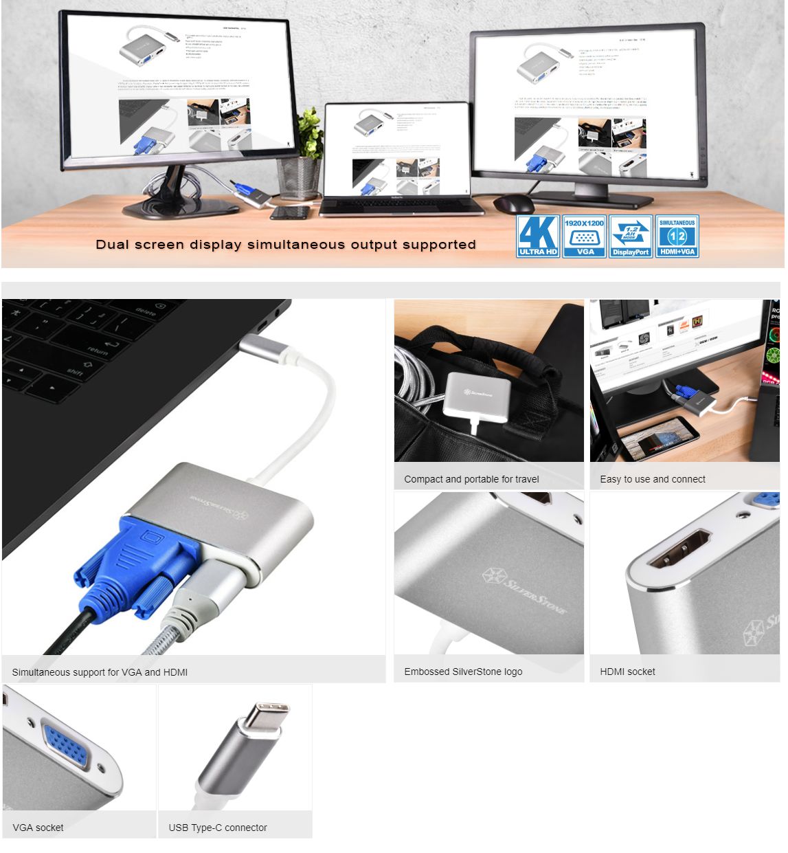 Silverstone EP16C USB3.1 Type C to VGA and HDMI Adapter (SST-EP16C)