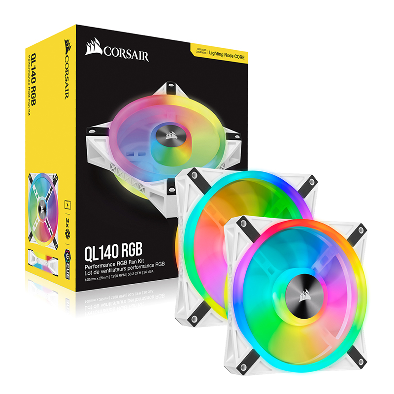 Corsair iCUE QL140 RGB 140mm Fan White - 2 Pack with Lighting Node Core (CO-9050106-WW(QL140-RGB-2-WH))