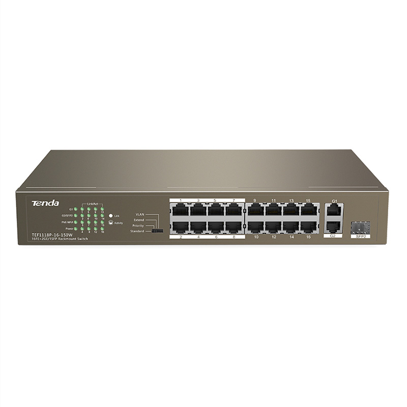 Tenda 16FE+2GE/1SFP Port Gigabit Unmanaged Switch with 16 Port PoE (TEF1118P-16-150W)