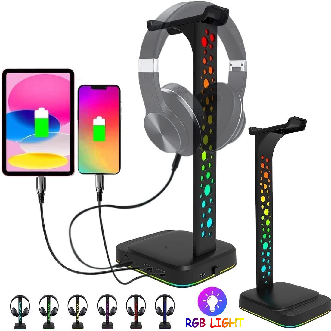 Headphone Stand RGB Gaming Headset Stand with 3.5mm AUX & 2 USB Charging Ports Earphones Holder with 10 Light Modes Headset Holder for Gamers PC