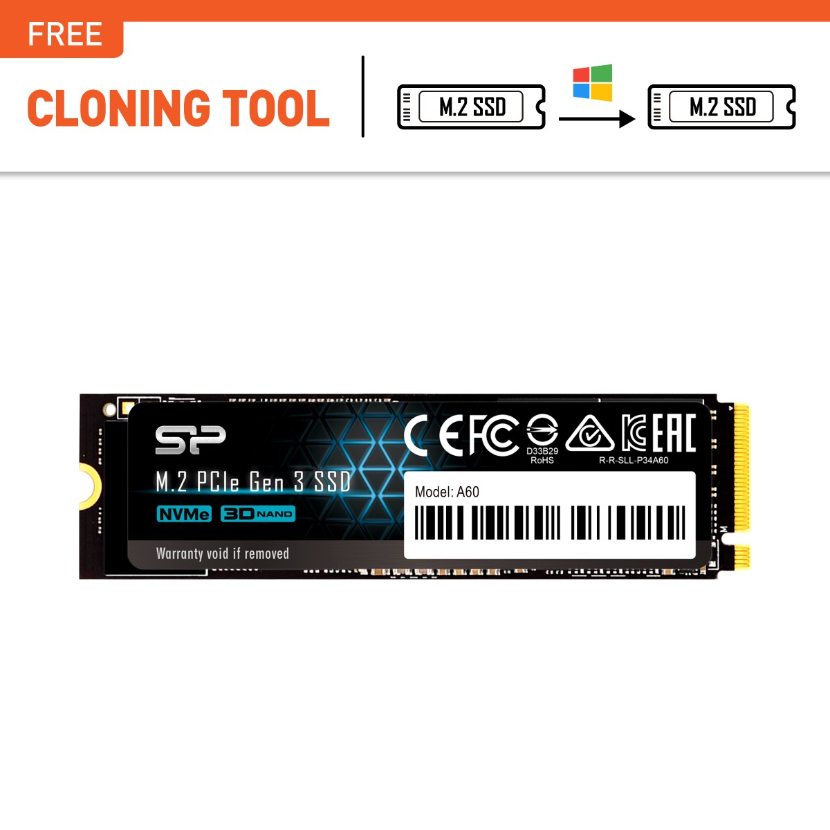 Silicon Power 1TB P34A60 Gen3x4 TLC R/W up to 2,200/1,600 MB/s PCIe M.2 NVMe SSD