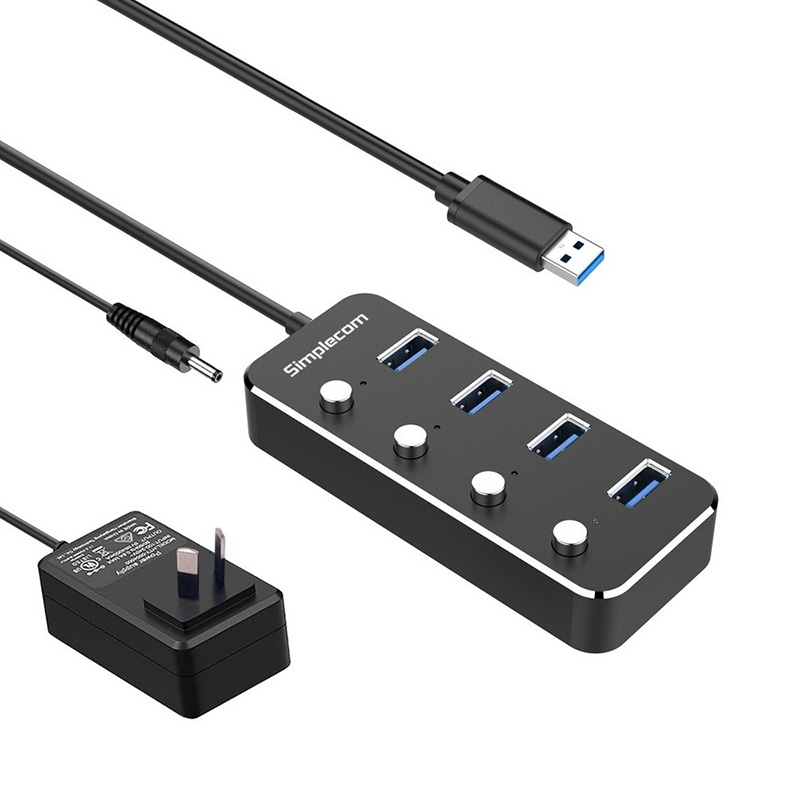 Simplecom 4 Port Aluminium USB 3.0 Hub with Individual Switches and Power Adapter (CH345PS)