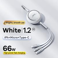 MOREJOY Remax 66W Super Fast Charging Cable 1.2m RC-C029 Retractable Multi 3 in 1 (IP/USB C/Micro USB, 6A) Fit for Most Charging Equipment White