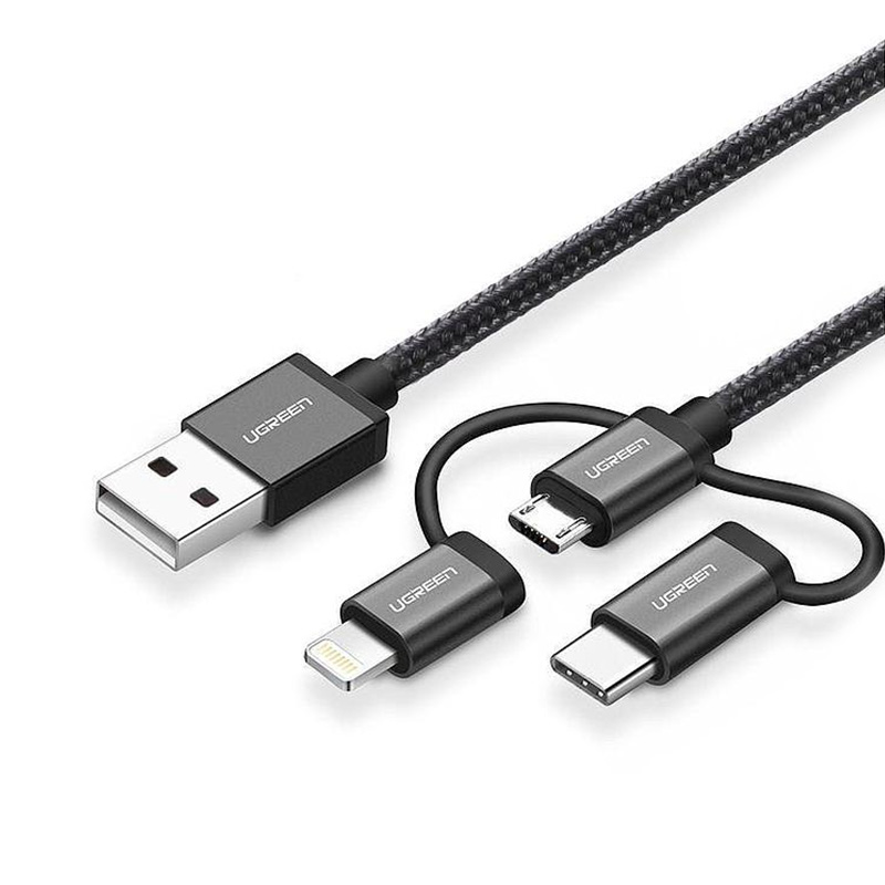 UGreen 3 in 1 USB-A to Micro USB+Lightning+Type C Black Braided Cable 1m (80326)