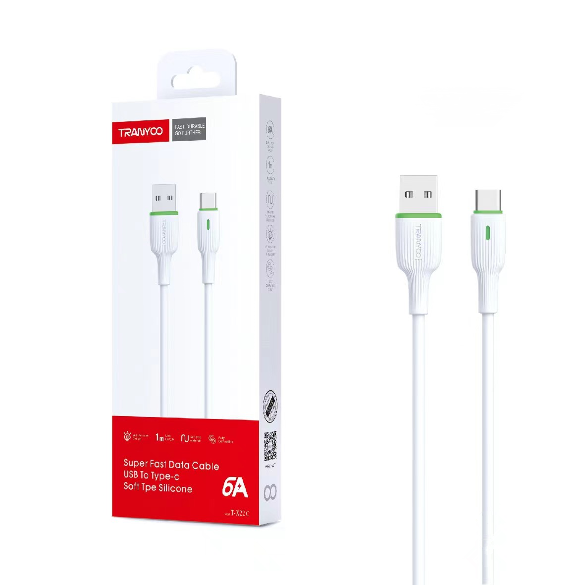 Silicone USB Type-C Cable 6A Charging Cable Super Fast Data White