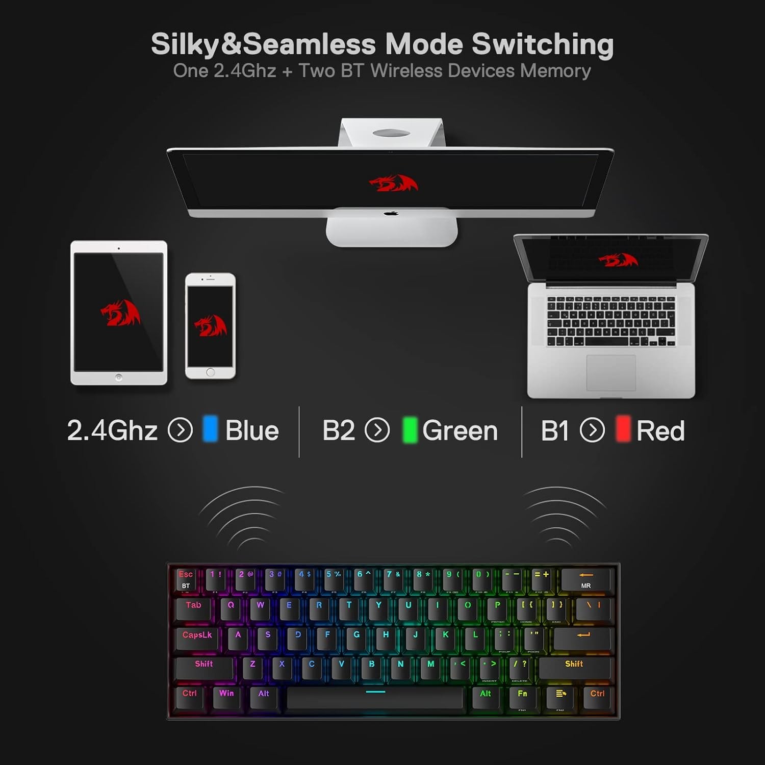 Redragon K530 Pro Draconic 60% Wireless RGB Gaming Mechanical Keyboard Hot-Swap BT/2.4Ghz/Wired 3-Mode 61 Keys Blue Switch