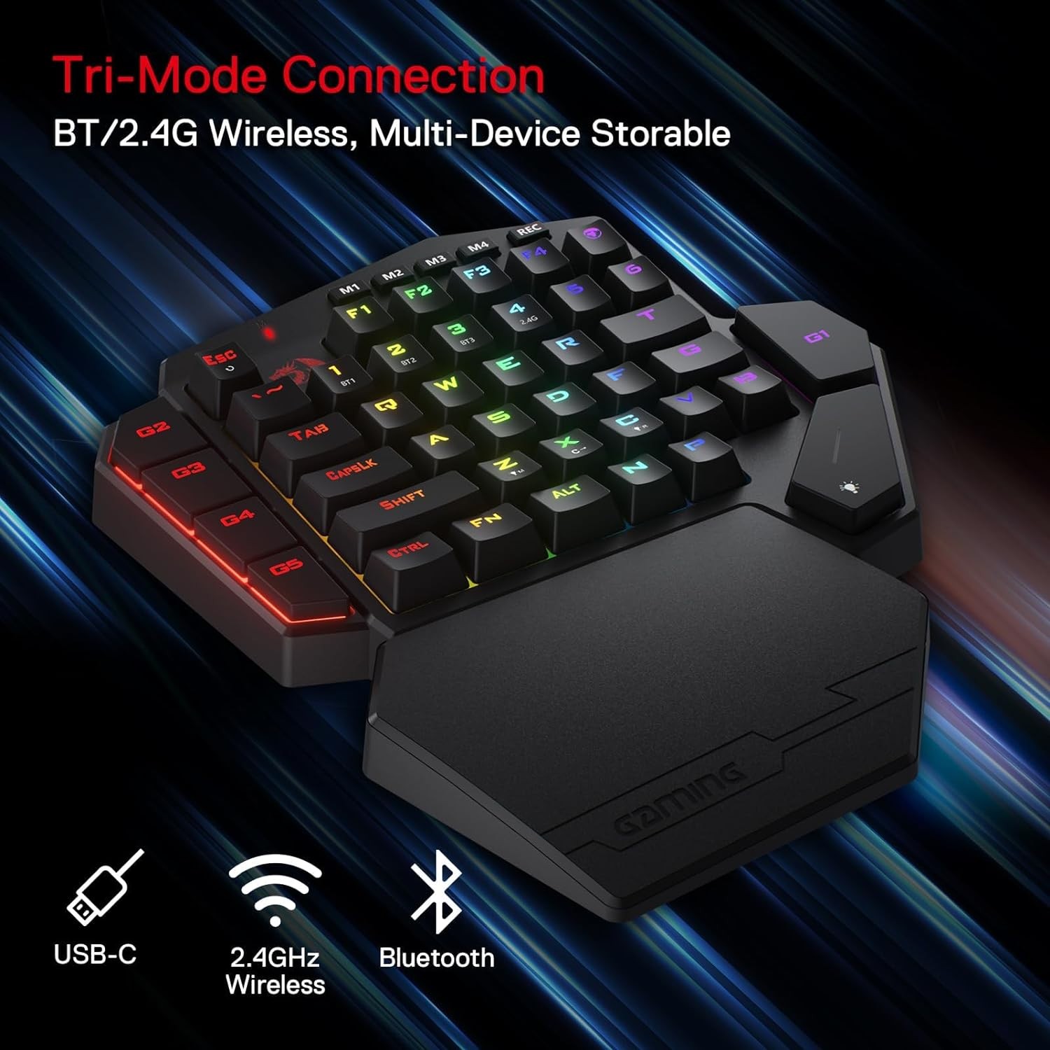 Redragon K585 PRO Wireless One-Handed Mechanical Keyboard 42 Keys 3-Mode RGB 40% Gaming Keypad Detachable Wrist Support (Red Switch)