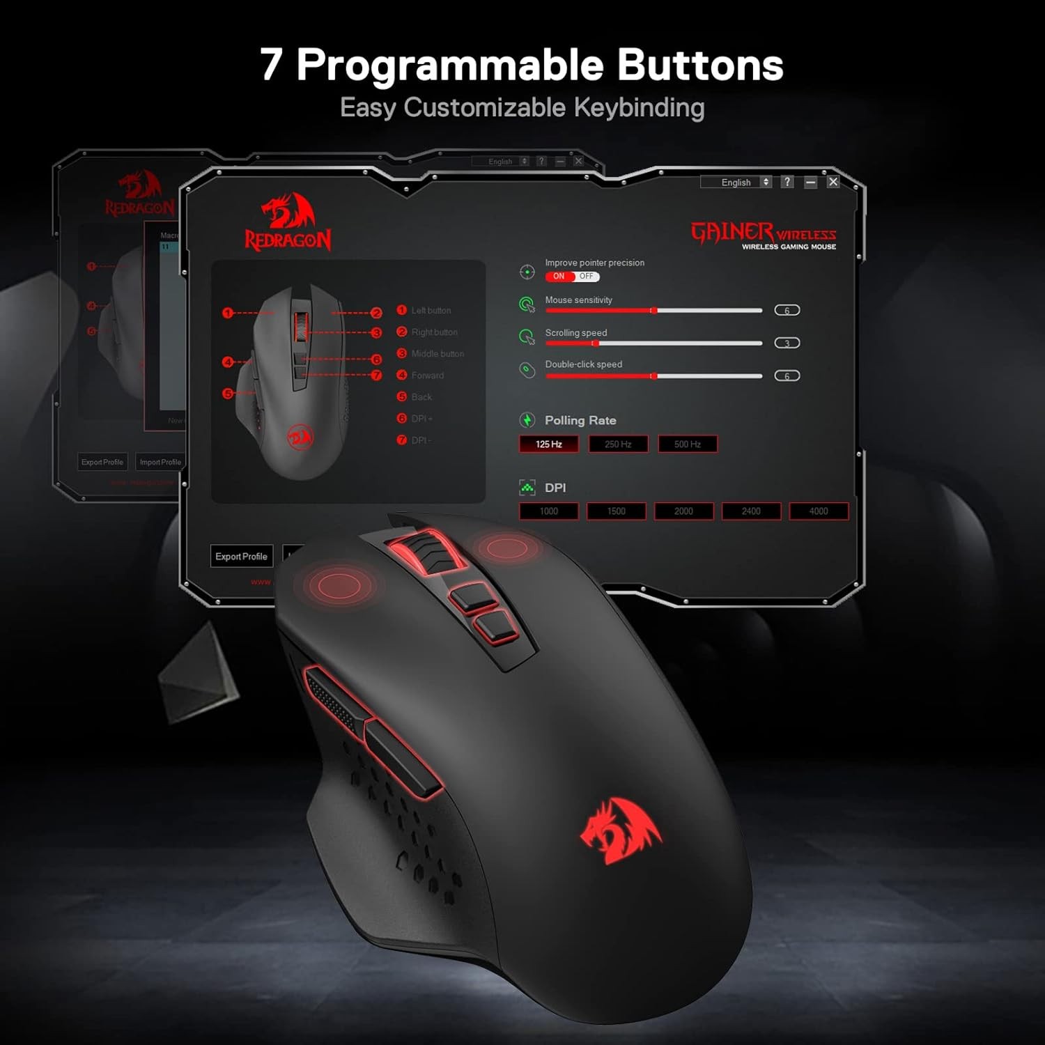 Redragon M656 Gainer Wireless Gaming Mouse, 4000 DPI 2.4Ghz Gamer Mouse w/ 5 DPI Levels, 7 Macro Buttons, Red LED Backlit & Pro Software/Drive Support