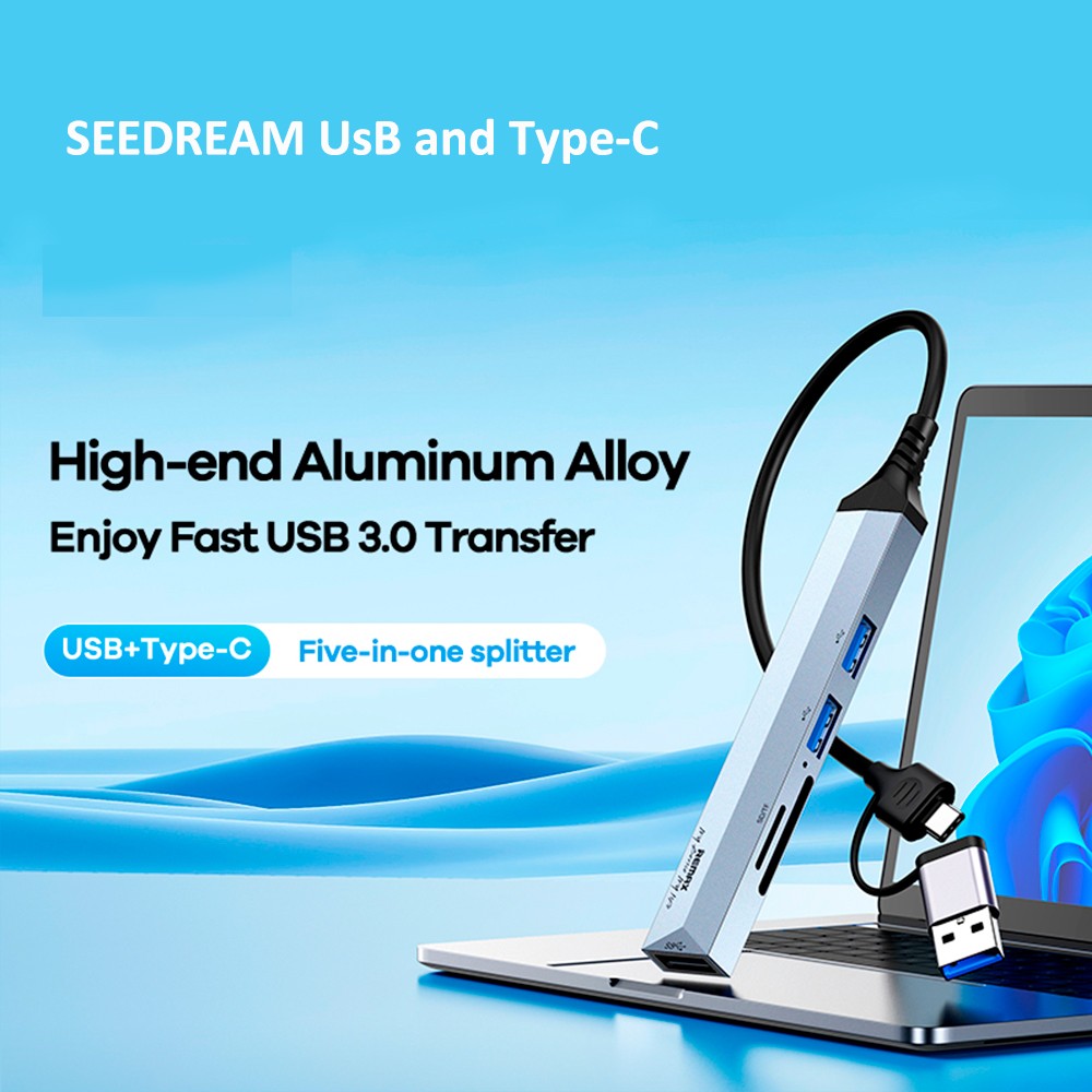 SEEDREAM 5 in 1 Hub Type C Type A to USB3.0 USB2.0 SD TF Card Multi Splitter Adapter RU-U7 Silver  