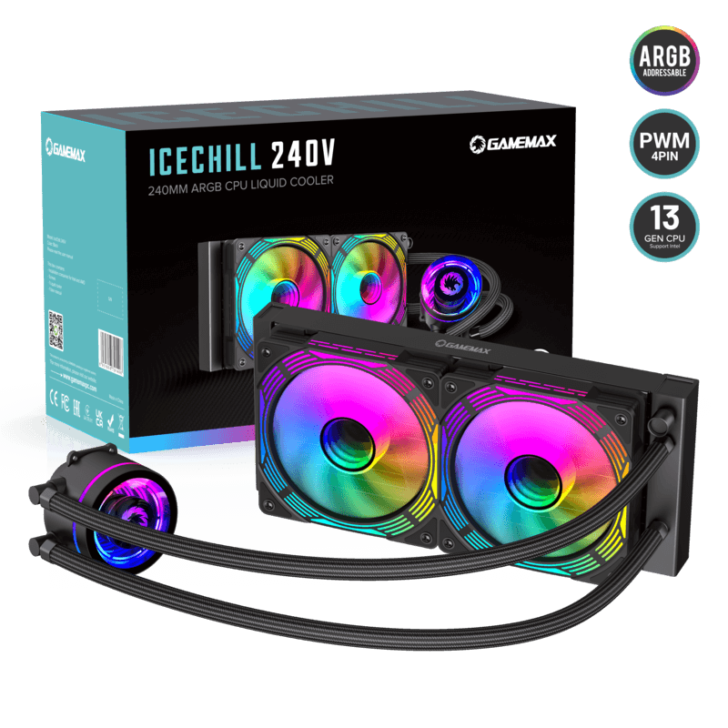 GameMax IceChill 240V Liquid CPU Cooler 240mm Addressable RGB PWM Pump Fans 250W TDP AIO Water Cooler - black