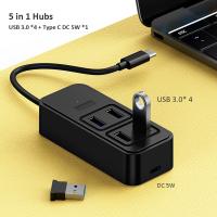 5 in 1 Hubs adapter Type C to 4 Ports USB 3.0 Extention DC 5W Power Supply USB Hubs Multiport Adapter Powered Docking Station with Charger Black