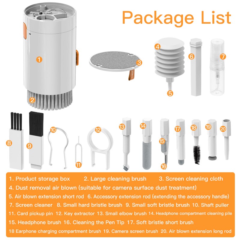 20 in 1 Multi-function Cleaning Kit Tool Flocking Sponge Soft Brush For Bluetooth Headset Protective Case White/Orange