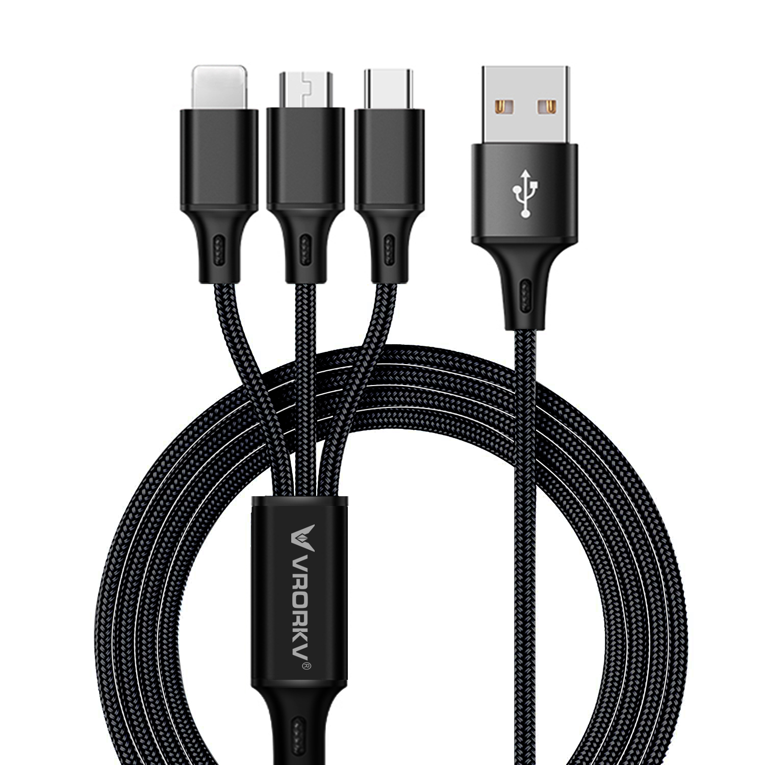 VRORKV 3 in 1 Multi Charging Cable Nylon Braided 1.2m(USB To Type C/Lighting/Micro) (Black)