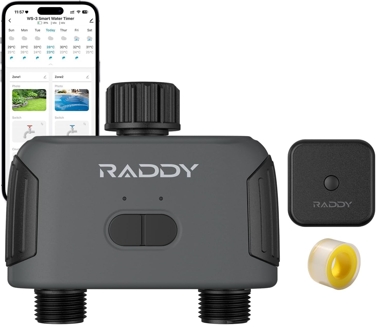 Raddy WS-3 WiFi Water Timer,2 Zones Sprinkler Timer for Garden Hose, Automatic Irrigation System with WiFi Hub, APP Control, Work with AWiFi Hub, Rain