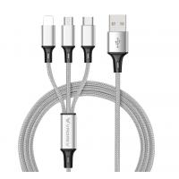 VRORKV 3 in 1 Multi Charging Cable Nylon Braided 1.2m(USB To Type C/Lighting/Micro) (Silver)