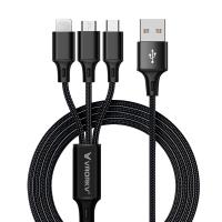 VRORKV 3 in 1 Multi Charging Cable Nylon Braided 1.2m(USB To Type C/Lighting/Micro) (Black)