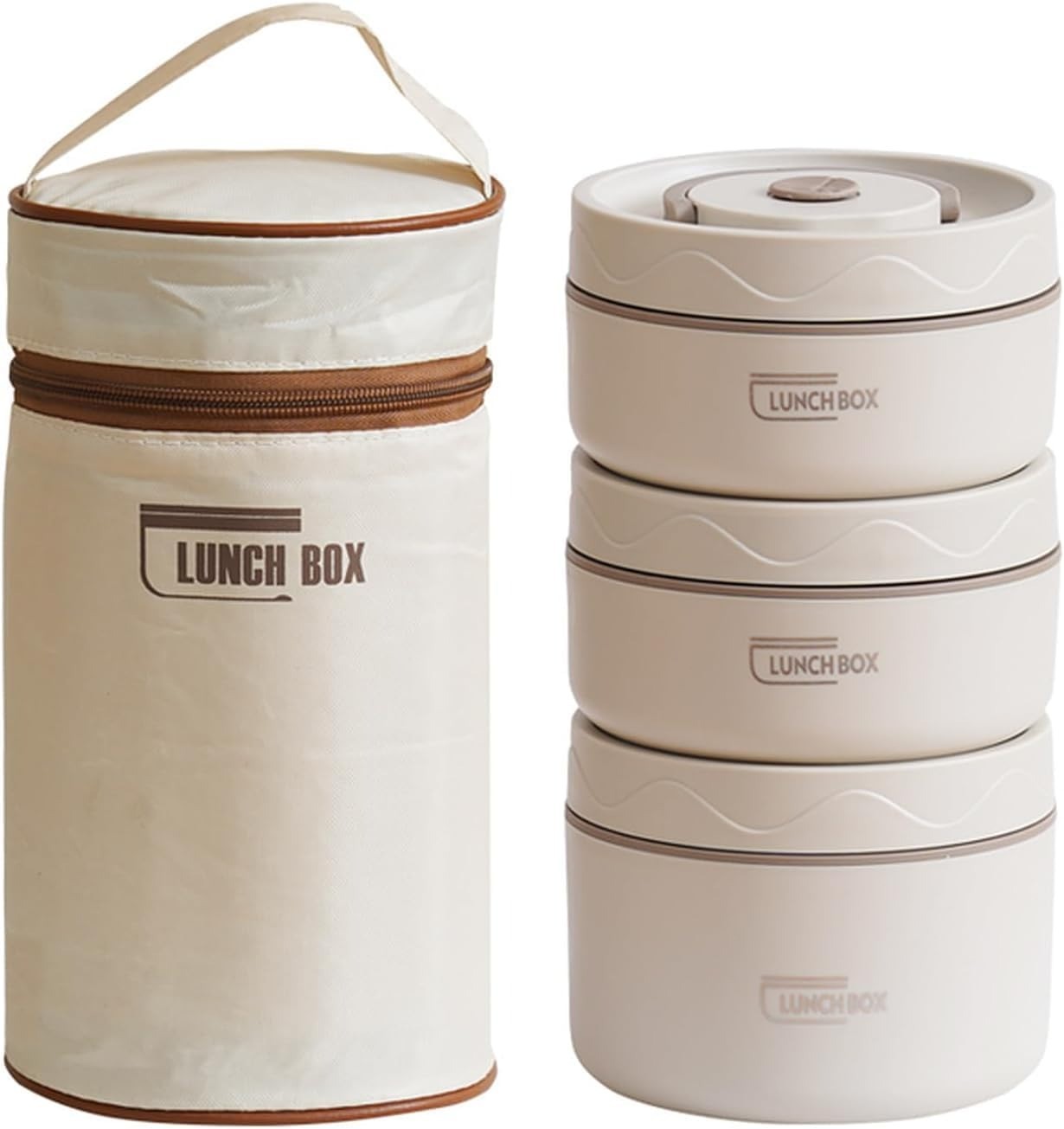 Vacuum-insulated stainless steel leak-proof three-layer lunch/snack box (with thermal bag), perfect for carrying food to the office or picnics (off-wh