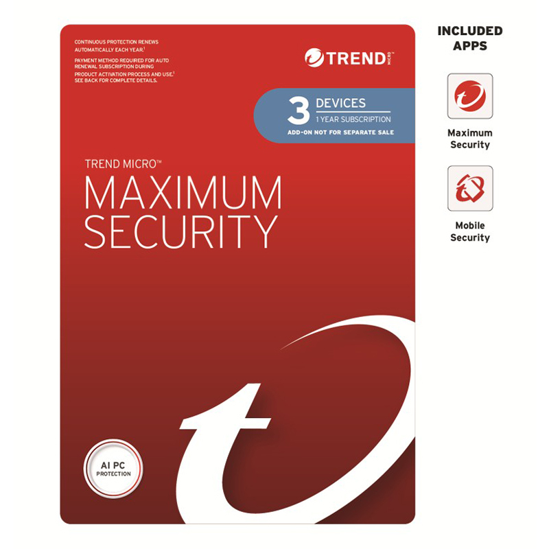Trend Micro Maximum Security 1 Year Add-on Auto Renew OEM - 3 Devices (TICEWWMGXY331B)