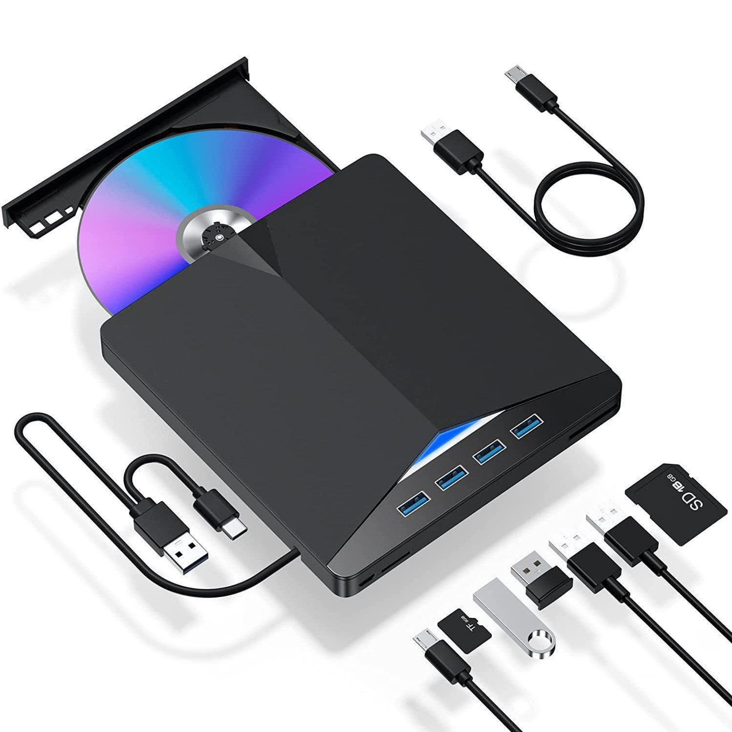 7 In 1 External CD DVD Drive With 4 USB A Ports And TF/SD Card Slots, USB 3.0 & Type CPortable CD/DVD Disk Drive Player Burner Reader Writer