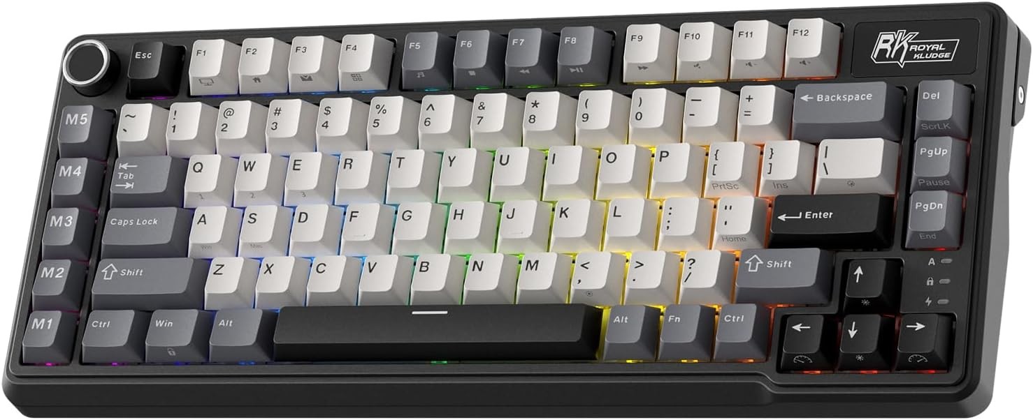 RK ROYAL KLUDGE L75 Gasket Mount Mechanical Knob/Macro Keys & Touchable Nameplate, Tri-Mode 75% TKL Wireless Hot Swappable Keyboard,Knight Black