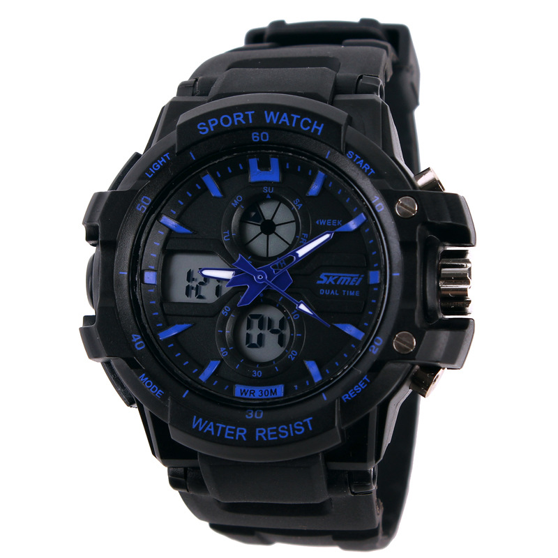 Dual Display Watch Outdoor Sports Mountaineering Waterproof Electronic Watch Student Multi functional Trendy Diving Watch Plastic Watch 0990-blue 