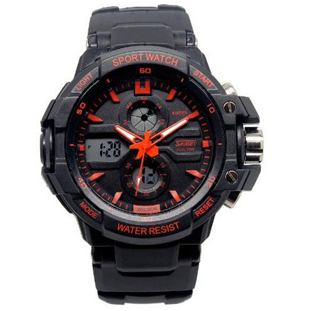 Dual Display Watch Outdoor Sports Mountaineering Waterproof Electronic Watch Student Multi functional Trendy Diving Watch Plastic Watch 0990-orange