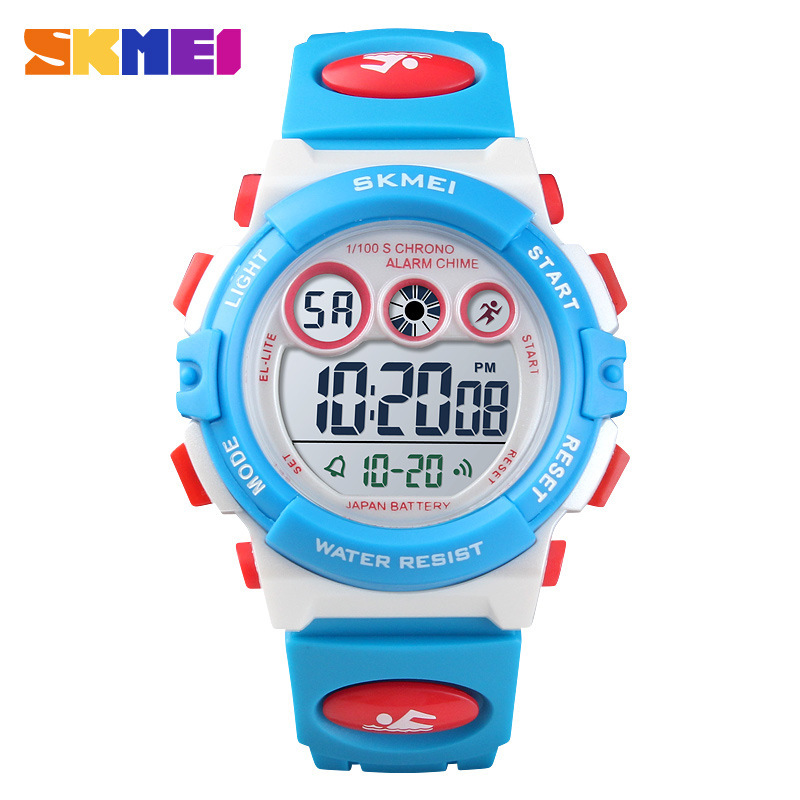 Multi functional waterproof children's watch with colorful LED luminous transparent case, personalized student electronic watch 1451-white blue