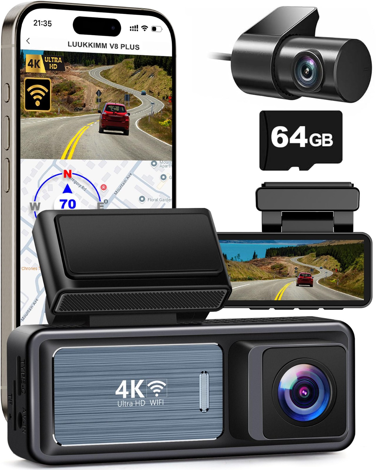 4K Dash Cam Front and Rear, Built-in WiFi GPS 2160P+1080P UHD Night Vision Dual Lens Dash Camera for Cars, Dashcam Included 64GB Card, 2” Screen, 170°