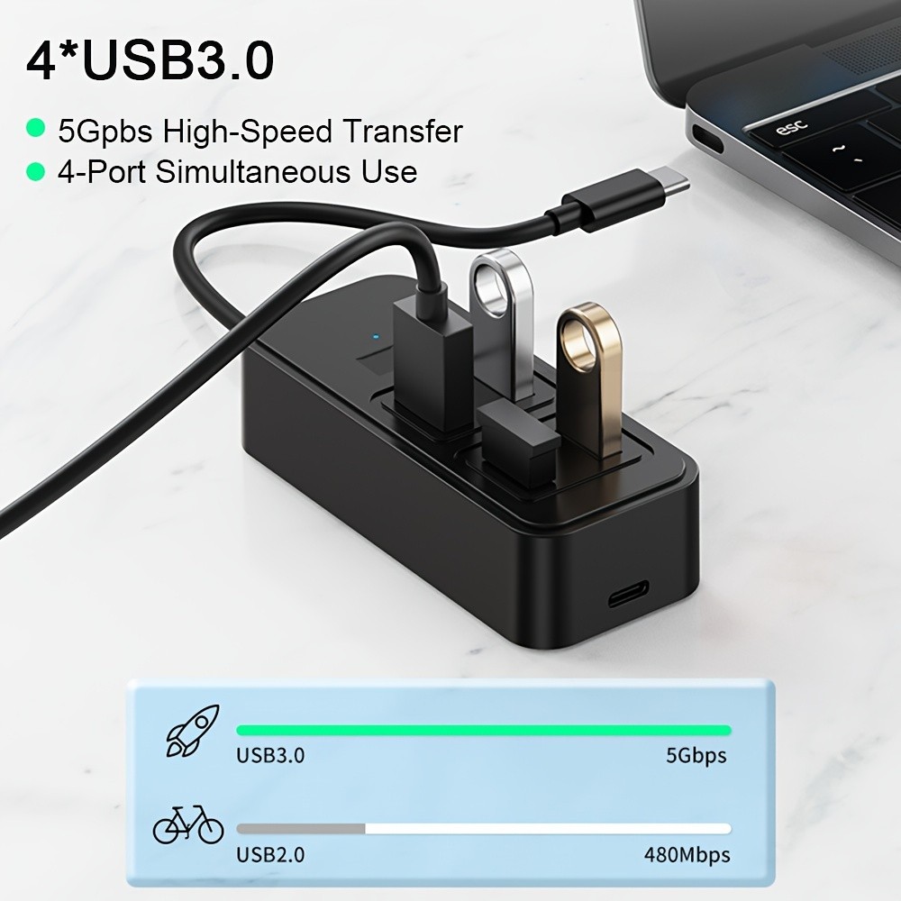 USB 3.0 Hub for Laptop with Type-C DC5W, Multi Port Expander, Fast Data Transfer USB Splitter Compatible with Windows PC, Mac, Printer, Mobile HDD