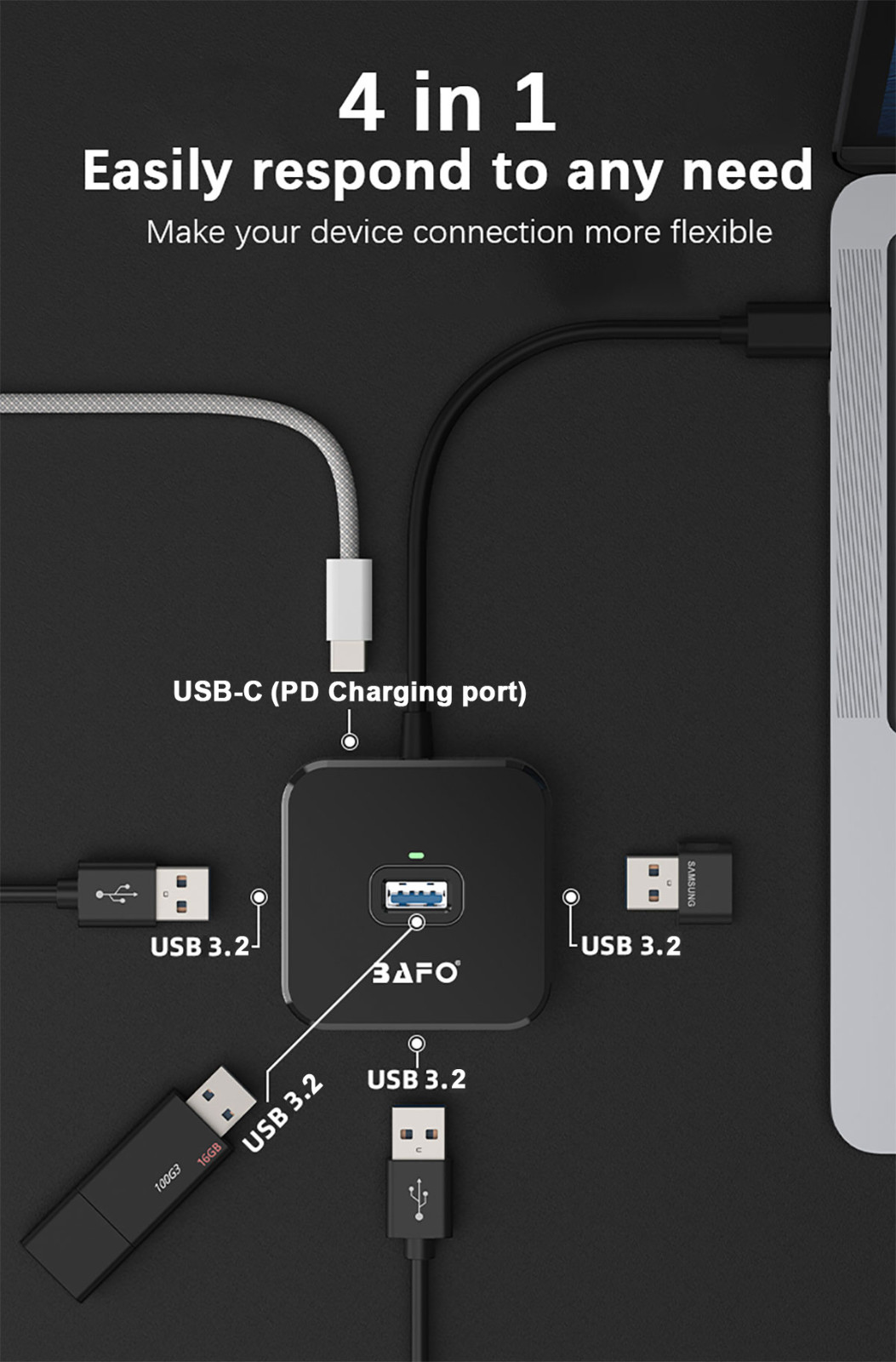 USB Hub 5-in-1 Splitter PC Adapter with 4 Ports and USB C Adapter, Data Hub Adapter USB 3.2 Gen1, 5 Gbps, USB Splitter
