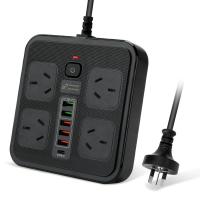 Powerboard USB 10in1 Power Board with Surge Protection Smart USB C Power Board with 4-Outlets Wall Mountable Powerboard with 2M Power Extension Black