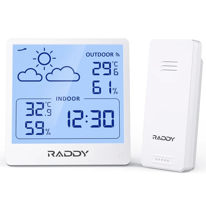 Raddy WF-50 Indoor Outdoor Thermometer Hygrometer Wireless Weather Station, Battery Powered Temperature & Humidity Monitor with 5.0’’ Display, Weather