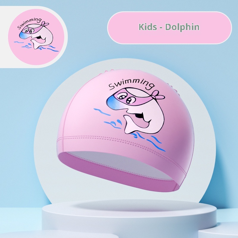 Girls' Pink Swimming Cap, PU Coating - Cartoon Character, Waterproof & Hair-Friendly