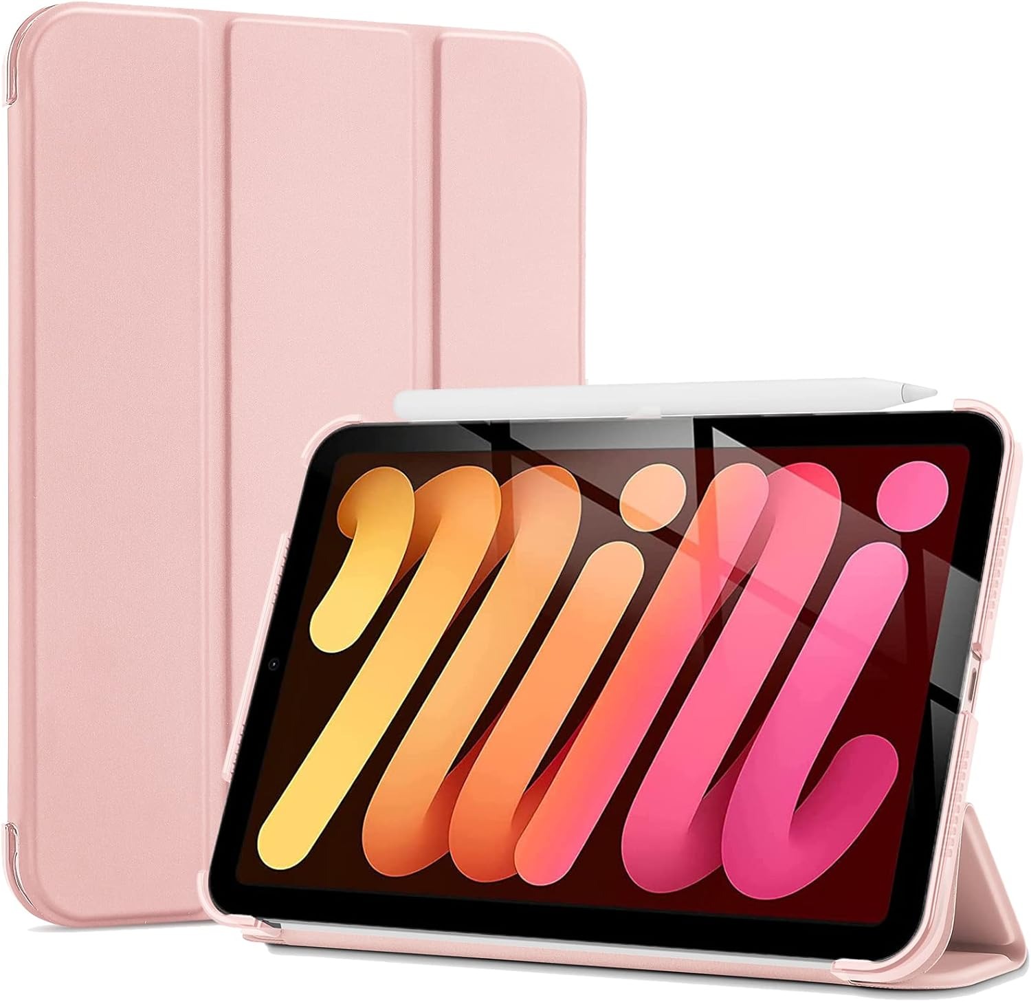 Case for iPad mini 7 A17 Pro 2024/iPad Mini 6 2021 8.3 Inch iPad mini 7th/6th Gen Case with Pencil Holder Trifold Stand Smart Folio with Soft TPU Pink